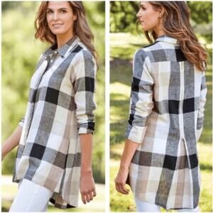 Soft Surroundings Women's sz L Carreaux Button Front Shirt Linen Blend